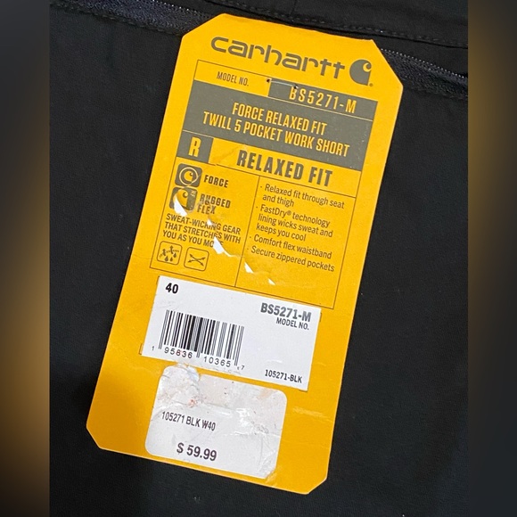Carhartt Men’s Force Relaxed Fit Twill 5 Pocket Black Work Shorts - Size 40 NWT - Picture 10 of 12
